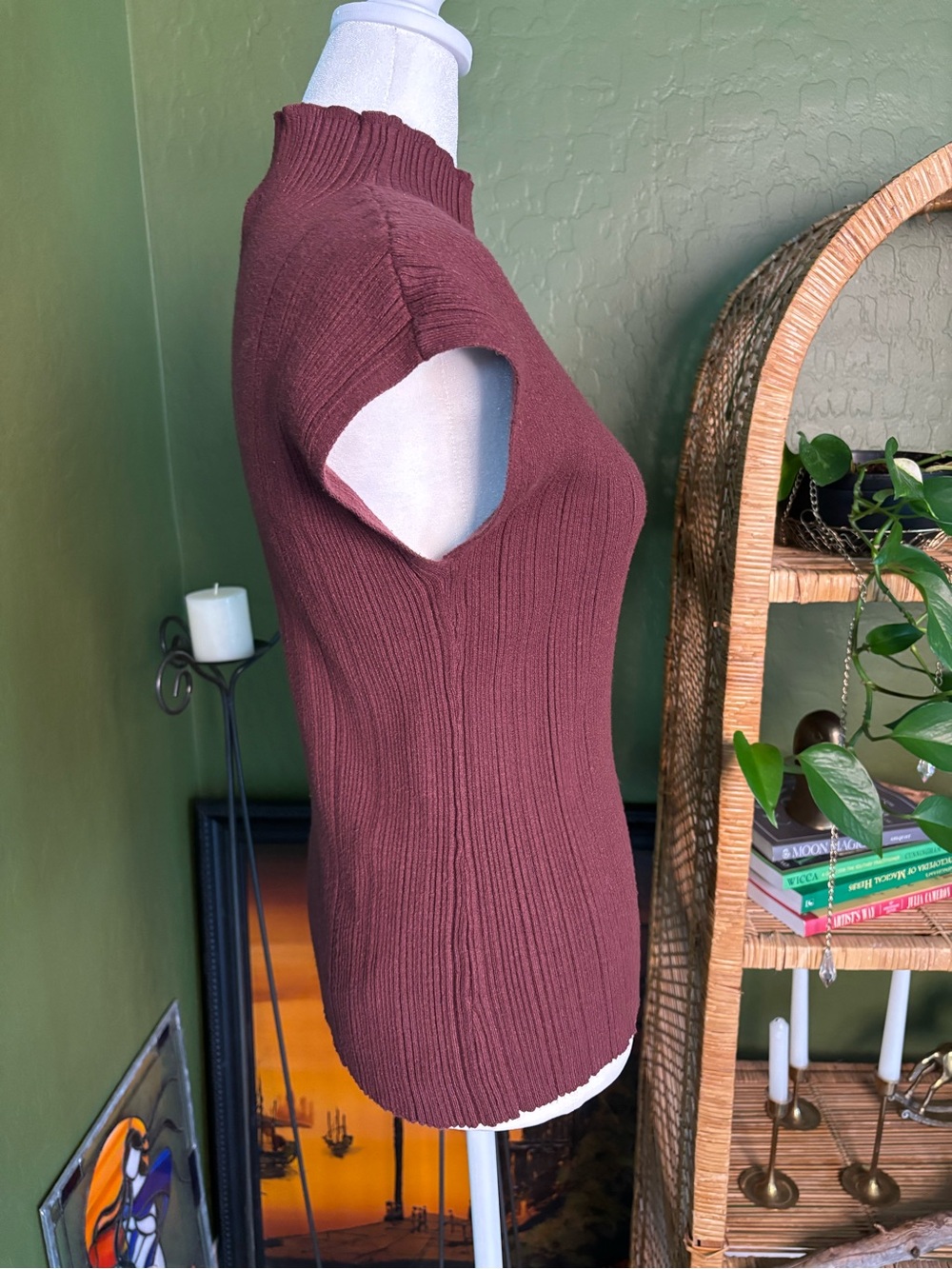 Ribbed Mock Neck Cap Sleeve Top Knit Brown Lettuce Hem - Picture 3 of 5